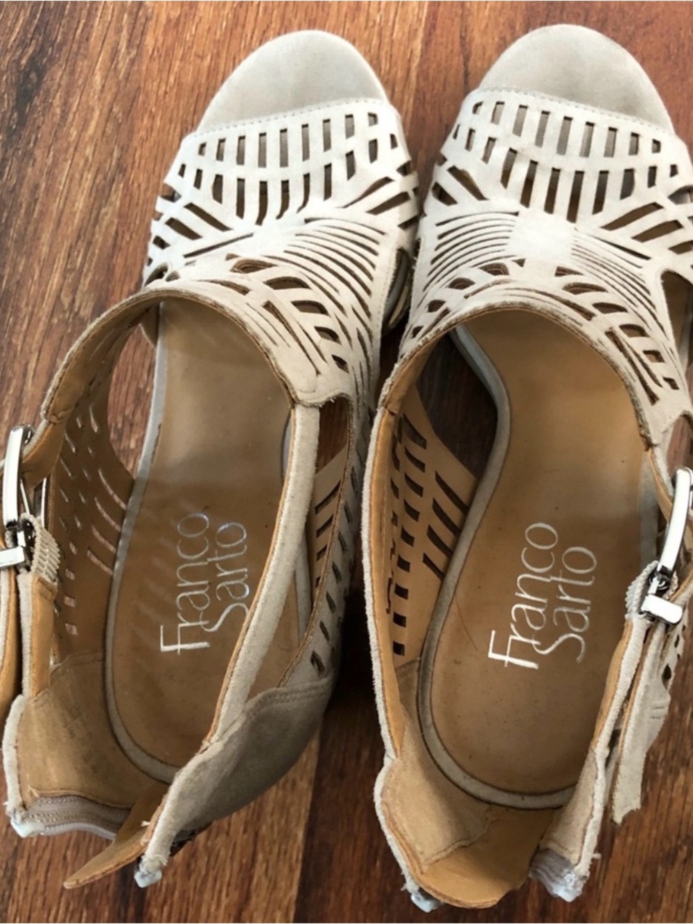 Franco Sarto Taupe Laser-Cut Wedge Sandals 8.5